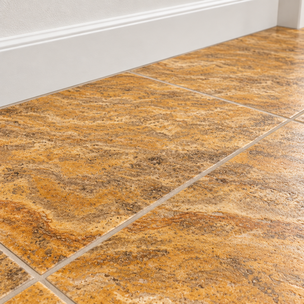 Scabos Travertine Tile 12x12, Filled & Honed - installed close-up