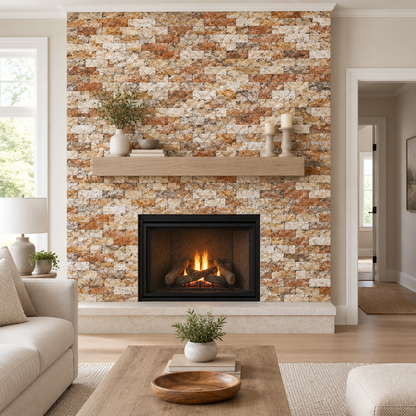 Scabos Travertine Brick Mosaic Tile 2x4, Split Face - installed on wall