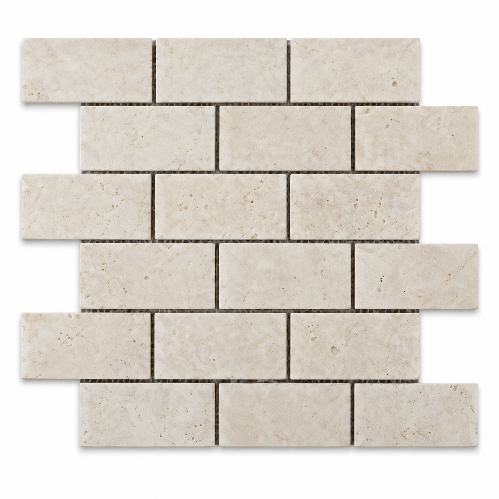 Ivory Travertine Brick Mosaic Tile 2x4, Honed - white background