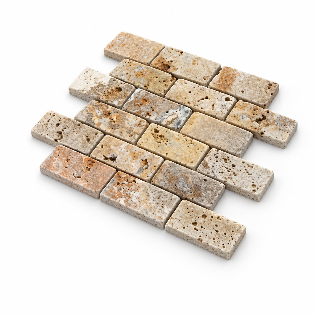 Scabos Travertine Brick Mosaic Tile 2x4, Tumbled - 45 degree view showing thickness