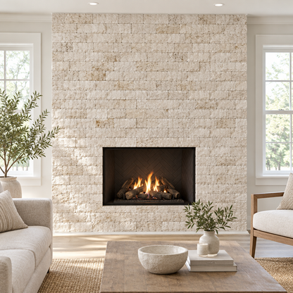 Ivory Travertine Brick Mosaic Tile 2x4, Split Face - installed on wall