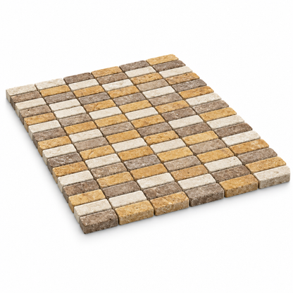 Mixed (Ivory + Noce + Gold) Travertine Mosaic Tile 5/8x2, Tumbled - 45 degree view showing thickness