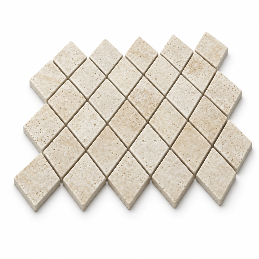 Ivory Travertine Diamond Mosaic Tile 2x4, Tumbled - 45 degree view showing thickness