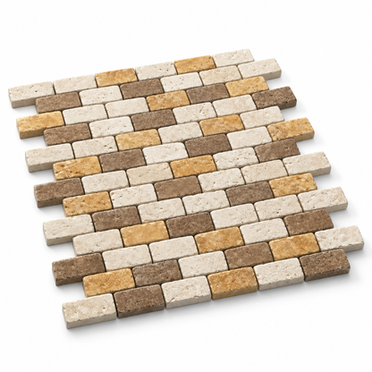 Mixed (Ivory + Noce + Gold) Travertine Brick Mosaic Tile 1x2, Tumbled - 45 degree view showing thickness
