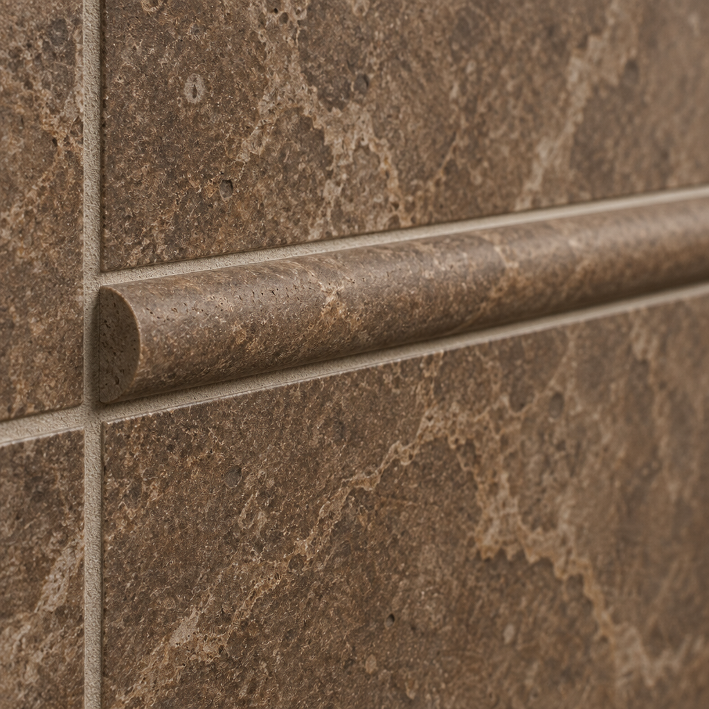 Brown Noce Travertine Pencil Tile Trim 3/4x12, Honed - installed close-up