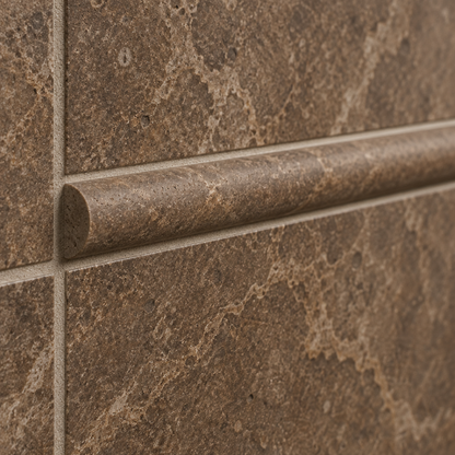 Brown Noce Travertine Pencil Tile Trim 3/4x12, Honed - installed close-up