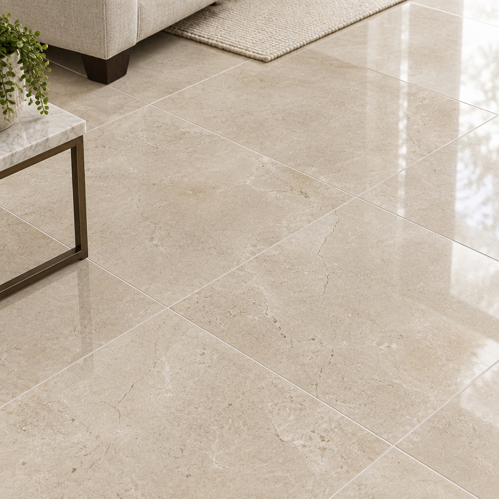 Crema Marfil Marble Tile 12x12, Polished - installed close-up