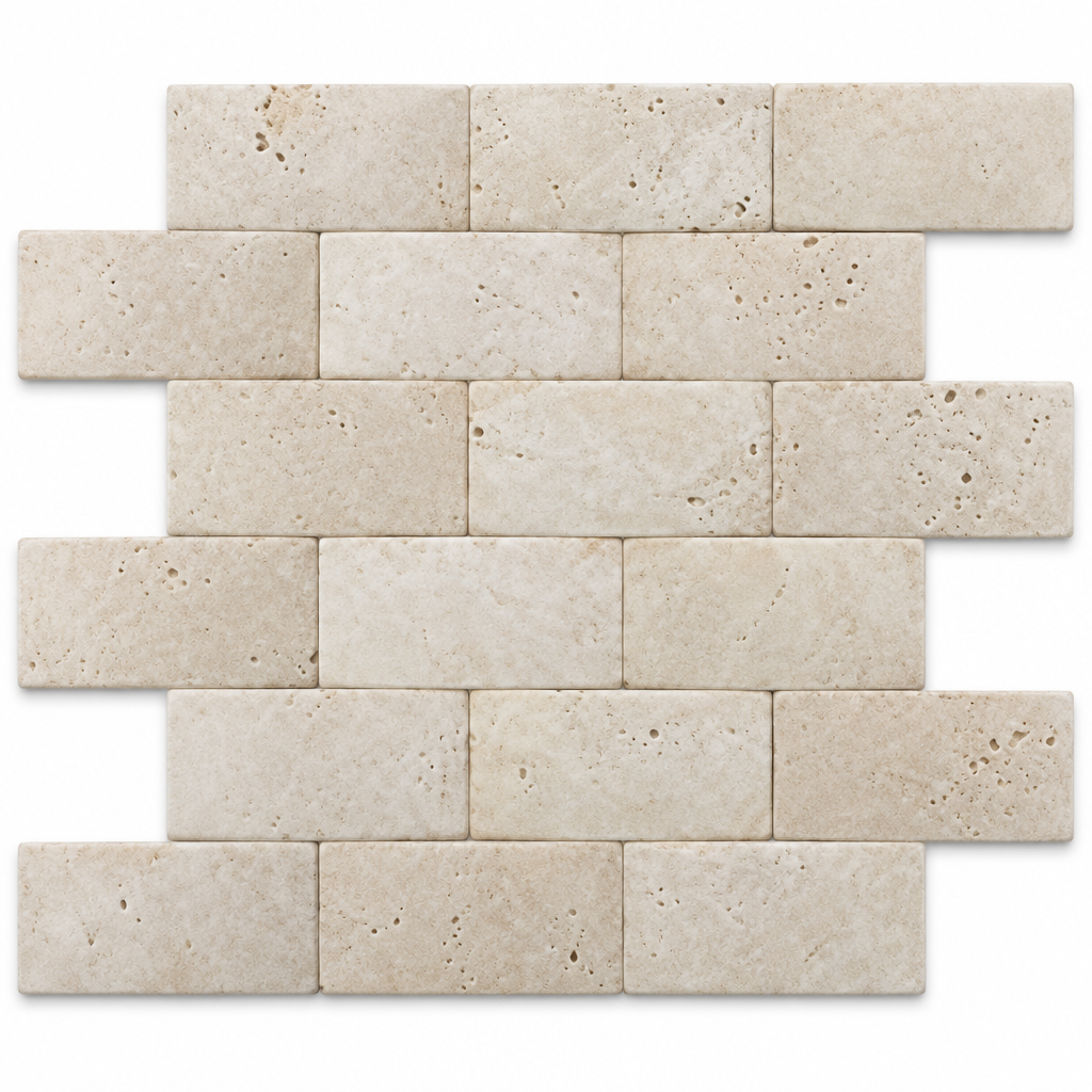 Ivory Travertine Arched Brick Mosaic Tile 2x4, Honed - white background