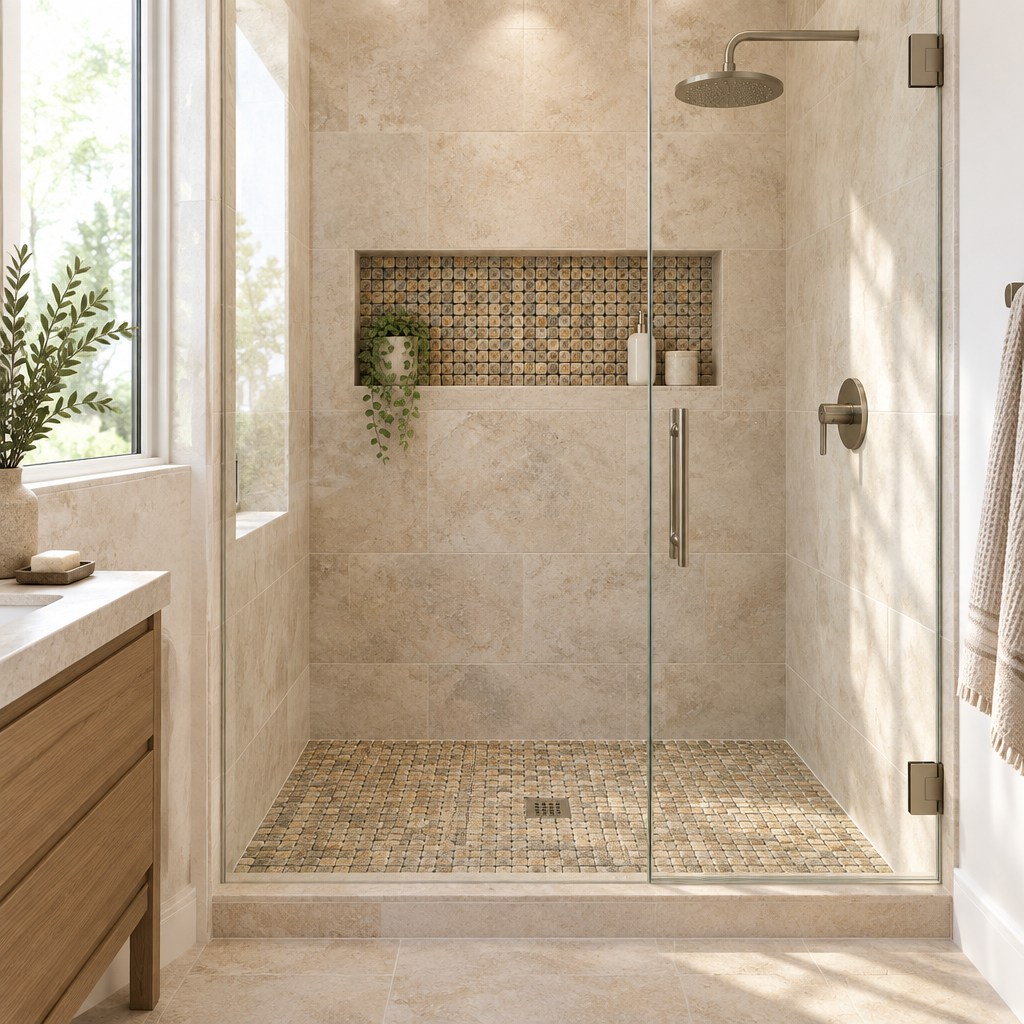 Scabos Travertine Mosaic Tile 5/8x5/8, Tumbled - installed on shower