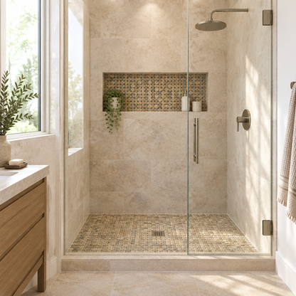 Scabos Travertine Mosaic Tile 5/8x5/8, Tumbled - installed on shower