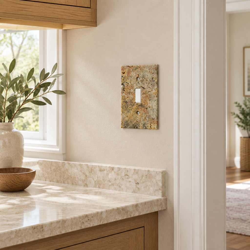 Scabos Travertine Toggle Switch Plate - installed on wall