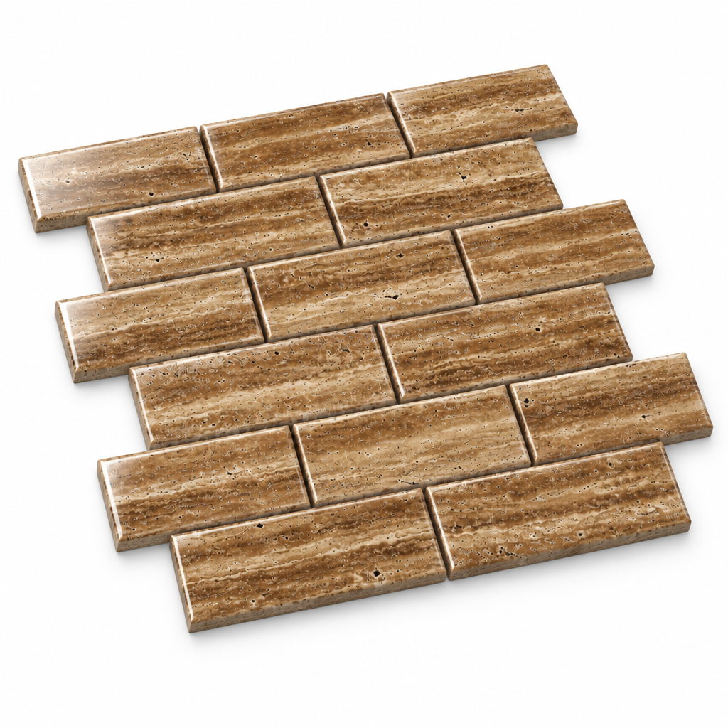 Brown Noce Travertine Brick Mosaic Tile 2x4, Polished & Vein-Cut - 45 degree view showing thickness