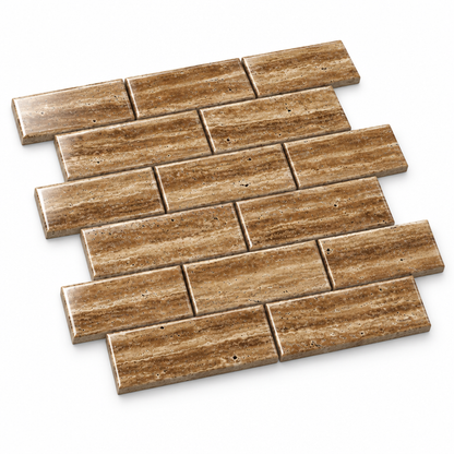 Brown Noce Travertine Brick Mosaic Tile 2x4, Polished & Vein-Cut - 45 degree view showing thickness
