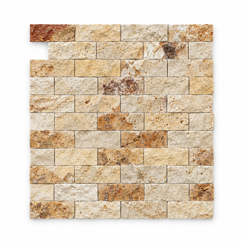 Cream Valencia Travertine Brick Mosaic Tile 1x2, Split Face - white background