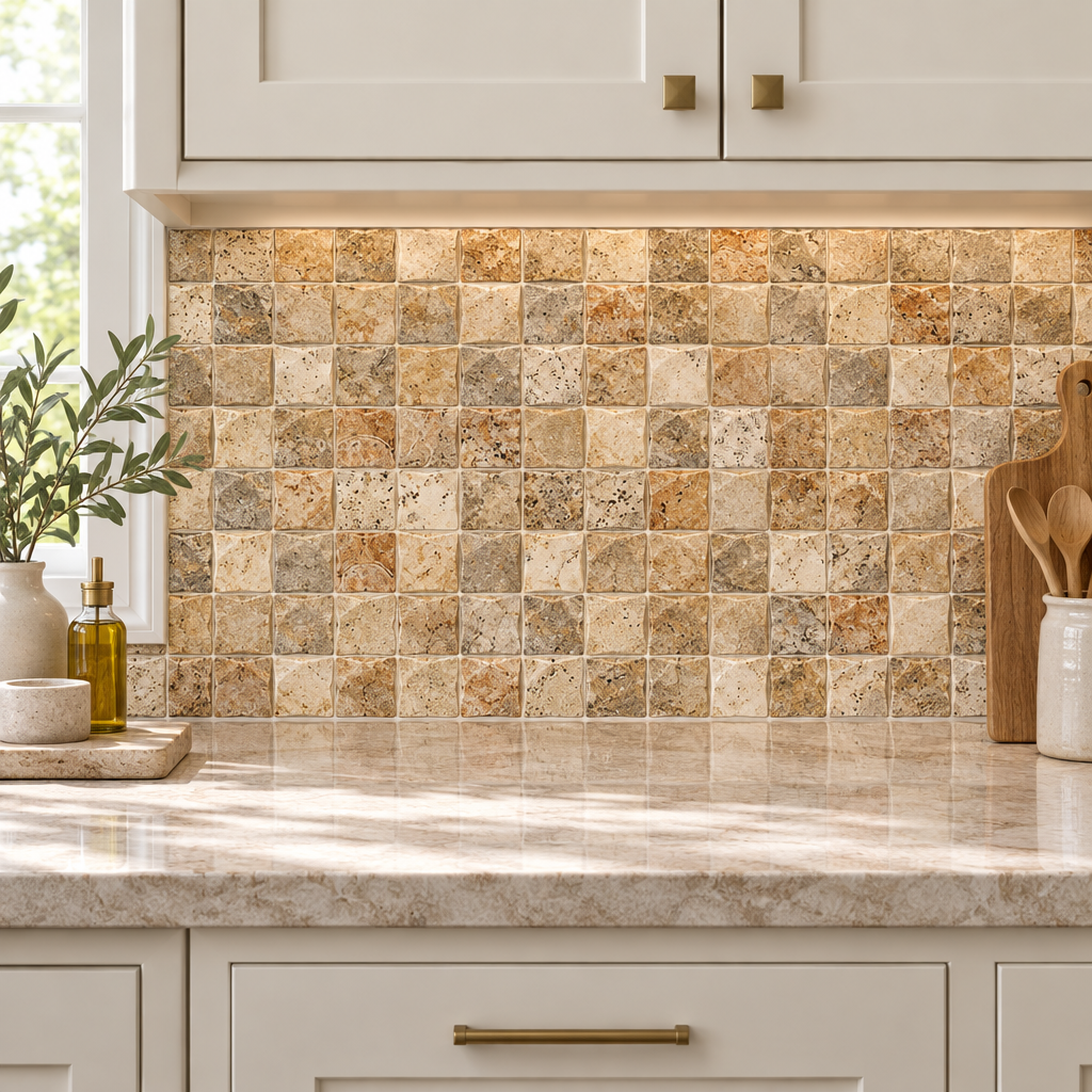 Scabos Travertine Arched Brick Mosaic Tile 2x2, Honed - installed on wall
