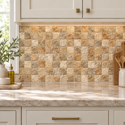 Scabos Travertine Arched Brick Mosaic Tile 2x2, Honed - installed on wall