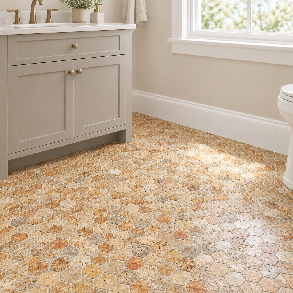 Scabos Travertine Hexagon Mosaic Tile 2 in, Tumbled - installed on floor