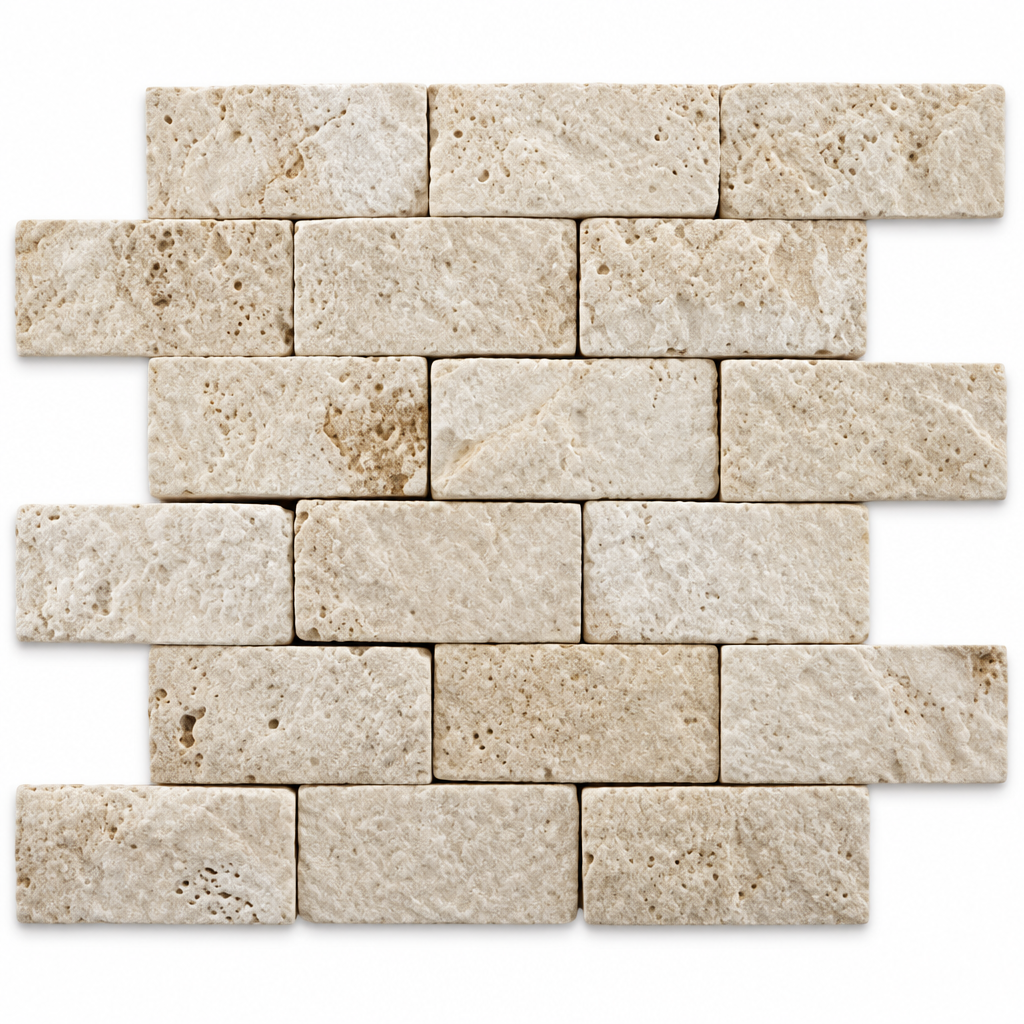 Ivory Travertine Brick Mosaic Tile 2x4, Split Face - white background