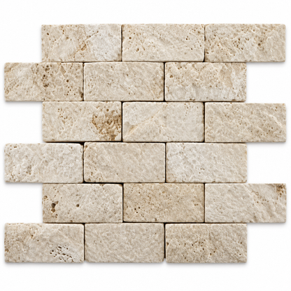 Ivory Travertine Brick Mosaic Tile 2x4, Split Face - white background