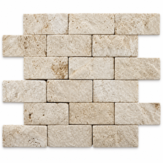 Ivory Travertine Brick Mosaic Tile 2x4, Split Face - white background