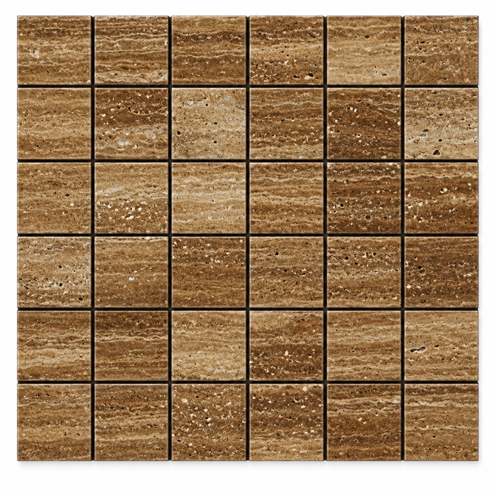 Brown Noce Travertine Mosaic Tile 2x2, Polished & Vein-Cut - white background
