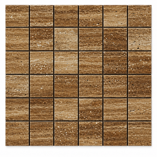 Brown Noce Travertine Mosaic Tile 2x2, Polished & Vein-Cut - white background