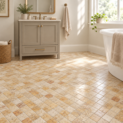 Cream Valencia Travertine Mosaic Tile 2x2, Tumbled - installed on floor