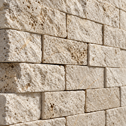 Ivory Travertine Brick Mosaic Tile 2x4, Split Face - installed close-up