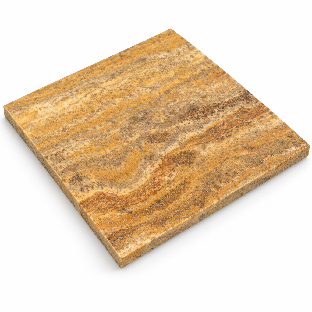 Scabos Travertine Tile 12x12, Filled & Honed - 45 degree view showing thickness
