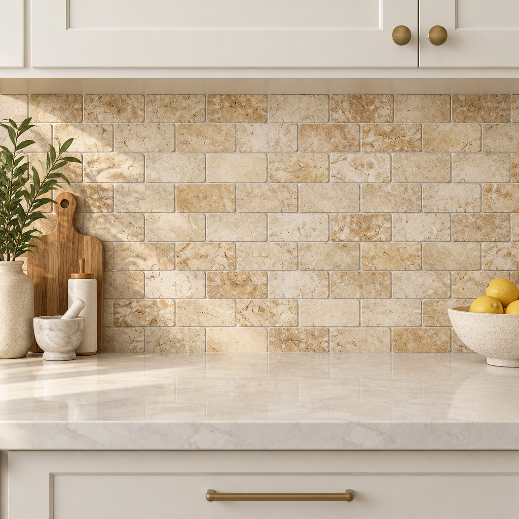 Cream Valencia Travertine Brick Mosaic Tile 2x4, Tumbled - installed on wall
