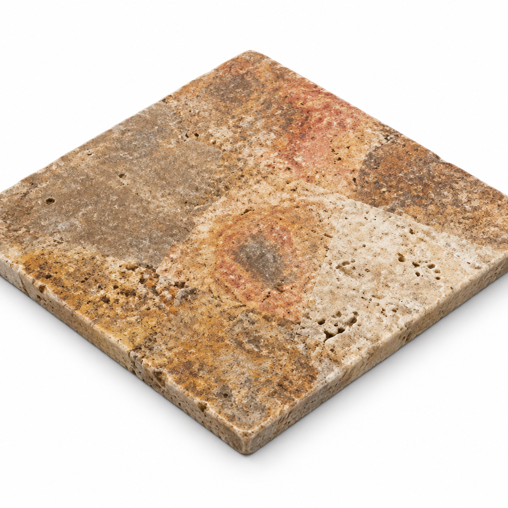 Scabos Travertine Tile 18x18, Tumbled - 45 degree view showing thickness
