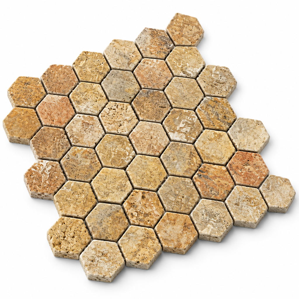 Scabos Travertine Hexagon Mosaic Tile 2 in, Tumbled - 45 degree view showing thickness
