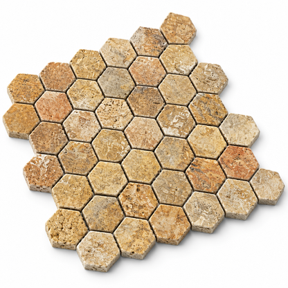Scabos Travertine Hexagon Mosaic Tile 2 in, Tumbled - 45 degree view showing thickness