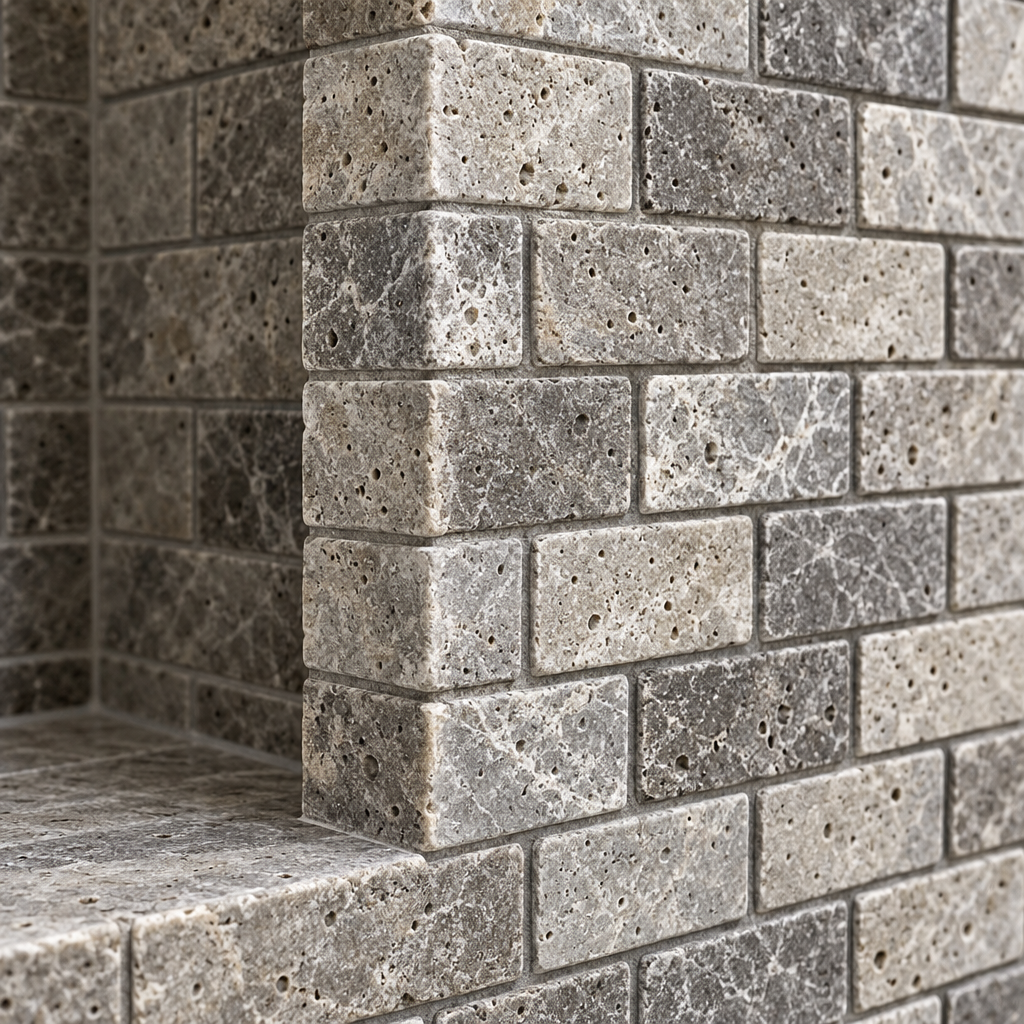Silver Travertine Brick Mosaic Tile 1x2, Tumbled - installed close-up