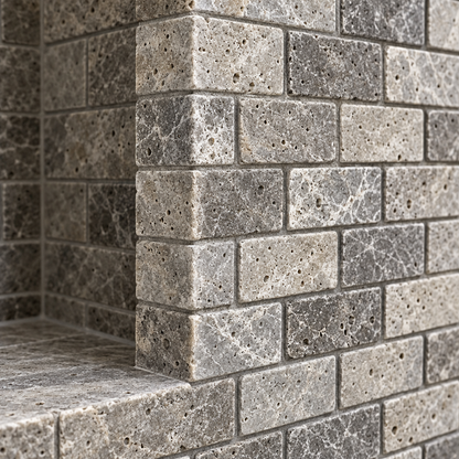 Silver Travertine Brick Mosaic Tile 1x2, Tumbled - installed close-up