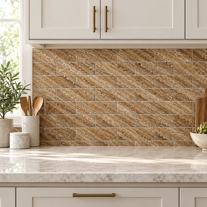Brown Noce Travertine Brick Mosaic Tile 2x4, Polished & Vein-Cut - installed on wall