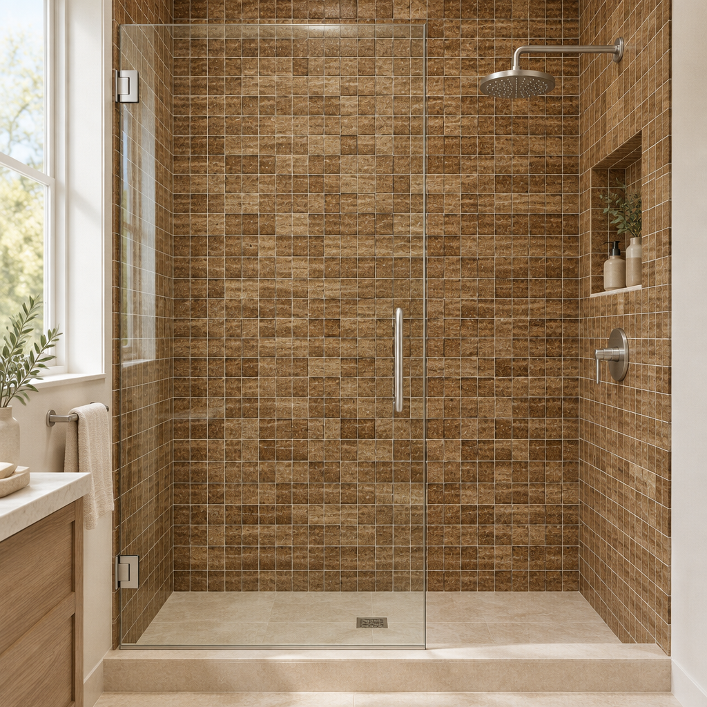 Brown Noce Travertine Mosaic Tile 2x2, Polished & Vein-Cut - installed on shower
