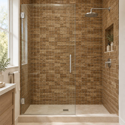 Brown Noce Travertine Mosaic Tile 2x2, Polished & Vein-Cut - installed on shower