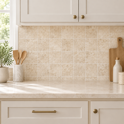 Beige Durango Travertine Tile 4x4, Filled & Honed - installed on wall