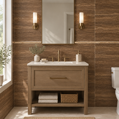 Brown Noce Travertine Pencil Tile Trim 3/4x12, Honed & Vein-Cut - installed on wall
