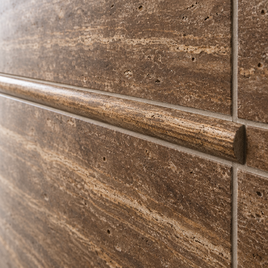 Brown Noce Travertine Pencil Tile Trim 3/4x12, Honed & Vein-Cut - installed close-up