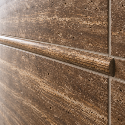 Brown Noce Travertine Pencil Tile Trim 3/4x12, Honed & Vein-Cut - installed close-up