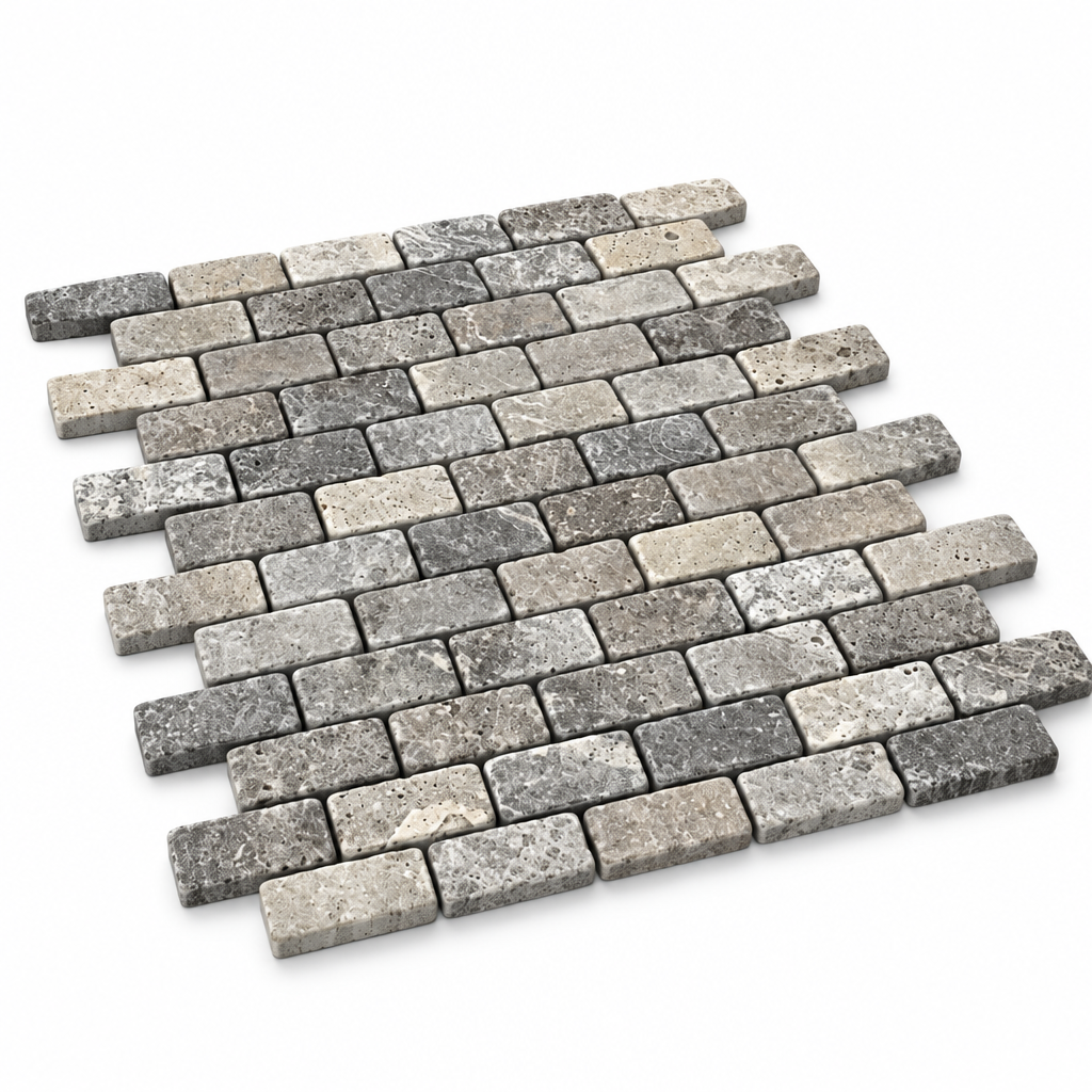 Silver Travertine Brick Mosaic Tile 1x2, Tumbled - 45 degree view showing thickness