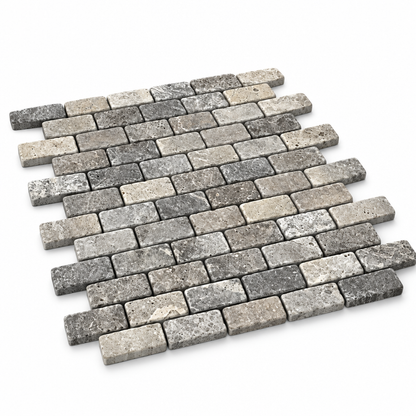 Silver Travertine Brick Mosaic Tile 1x2, Tumbled - 45 degree view showing thickness