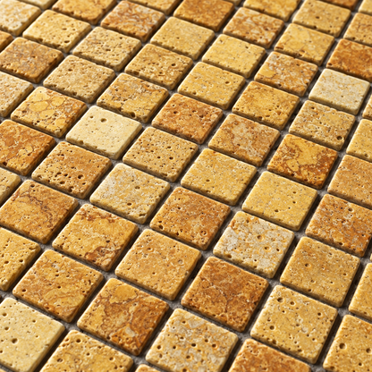 Gold Travertine Mosaic Tile 1x1, Tumbled - installed close-up