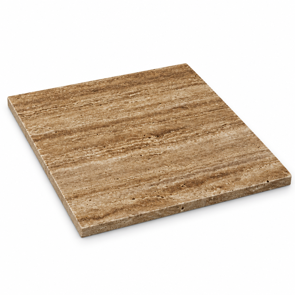 Brown Noce Travertine Tile 12x12, Brushed & Unfilled & Vein-Cut - 45 degree view showing thickness