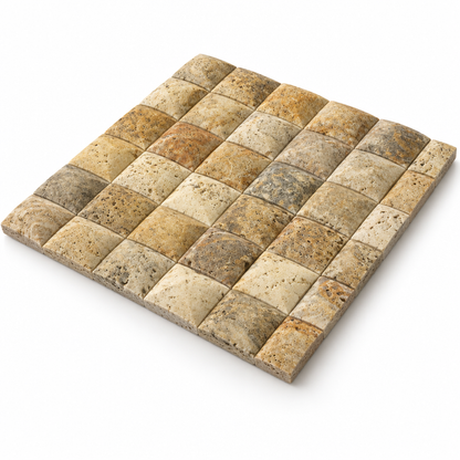 Scabos Travertine Arched Brick Mosaic Tile 2x2, Honed - 45 degree view showing thickness