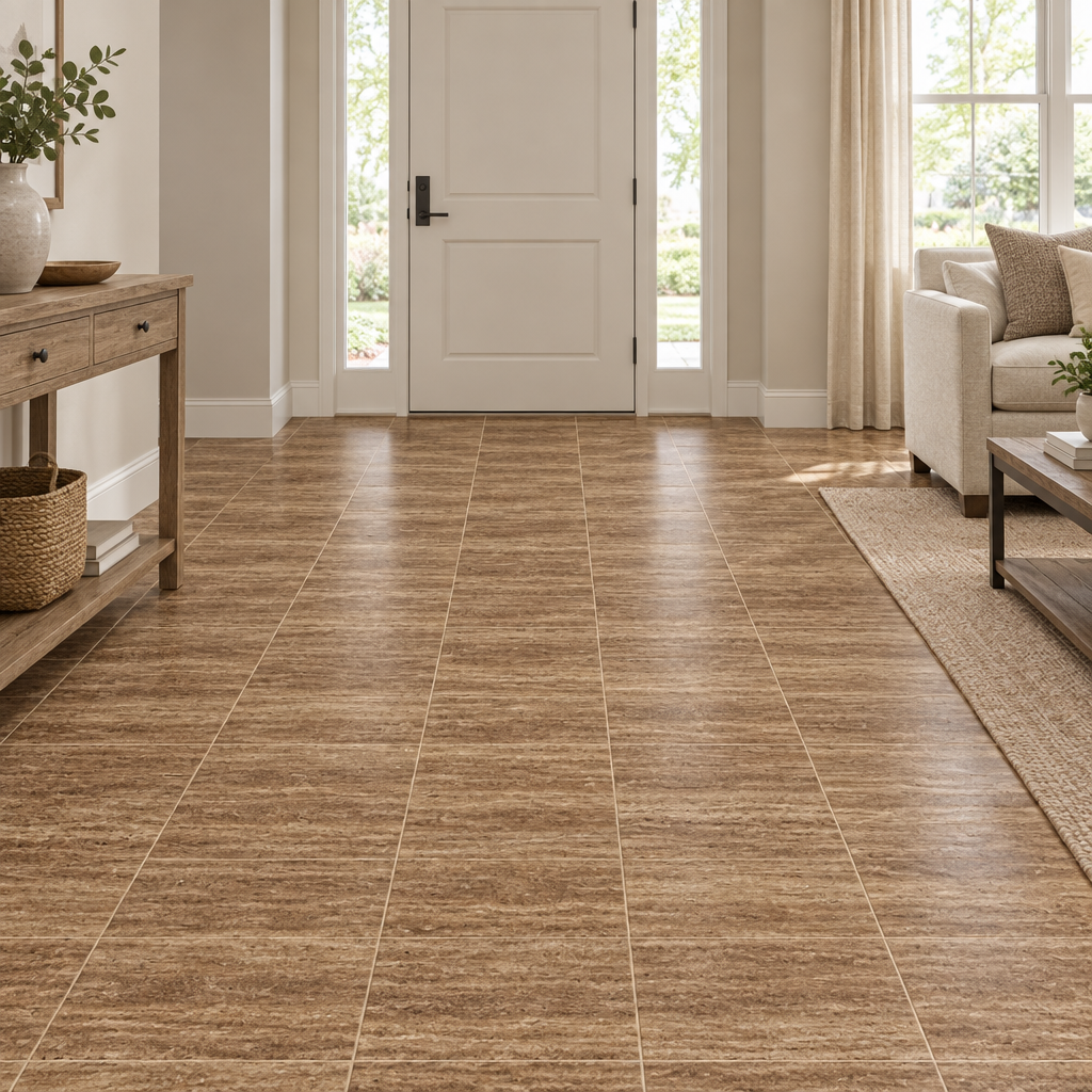 Brown Noce Travertine Tile 12x12, Brushed & Unfilled & Vein-Cut - installed on floor