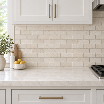 Ivory Travertine Brick Mosaic Tile 2x4, Honed - installed on wall