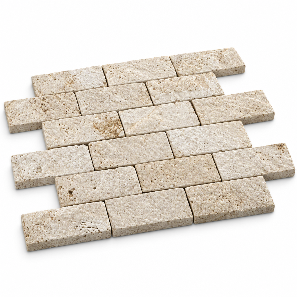 Ivory Travertine Brick Mosaic Tile 2x4, Split Face - 45 degree view showing thickness